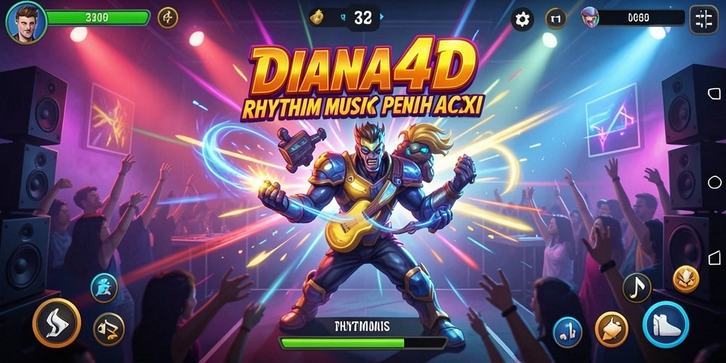 Antarmuka menarik DIANA4D yang menampilkan pengalaman permainan Musik Rhythm.